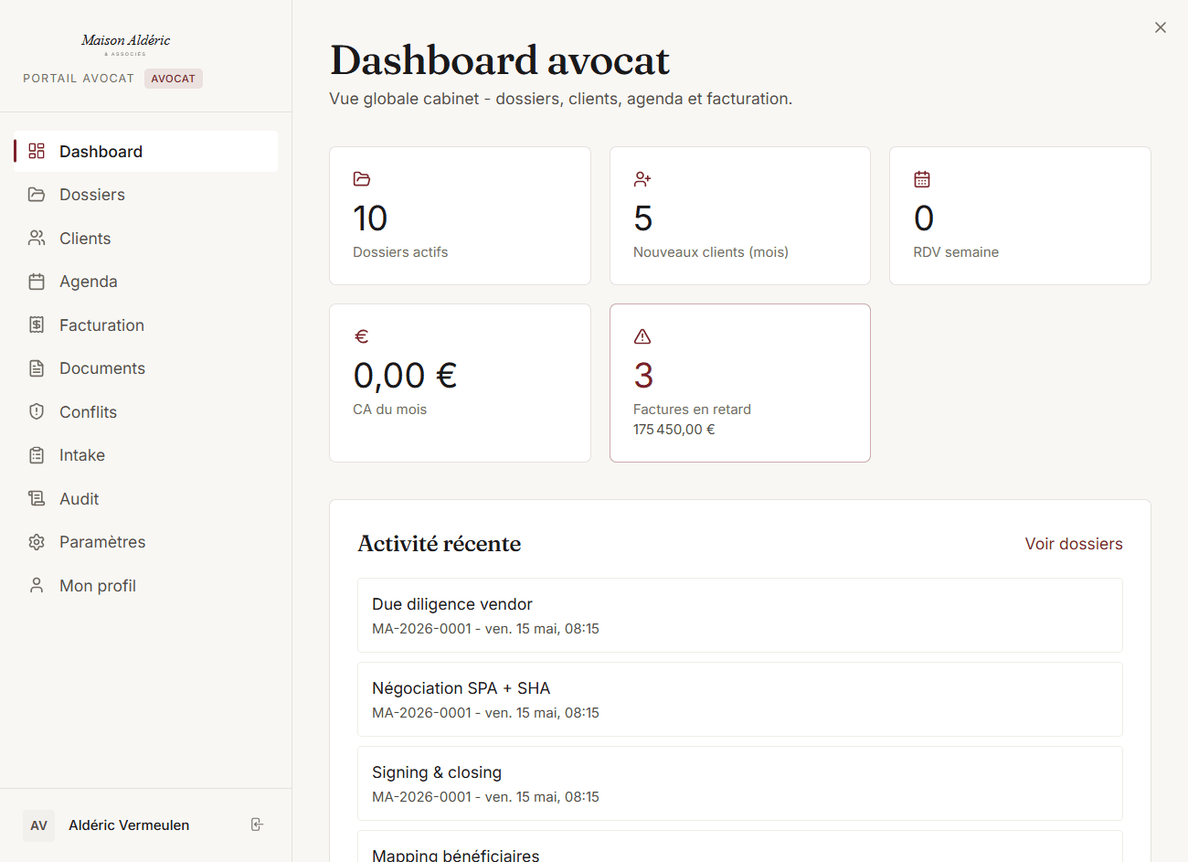 Dashboard avocat Maison Aldéric - portail LawyerOS